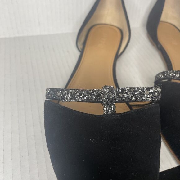 J. Crew Flats 12 Black D'Orsay Suede Glitter Bow Pointed Toe Career Classy Chic - Picture 3 of 16